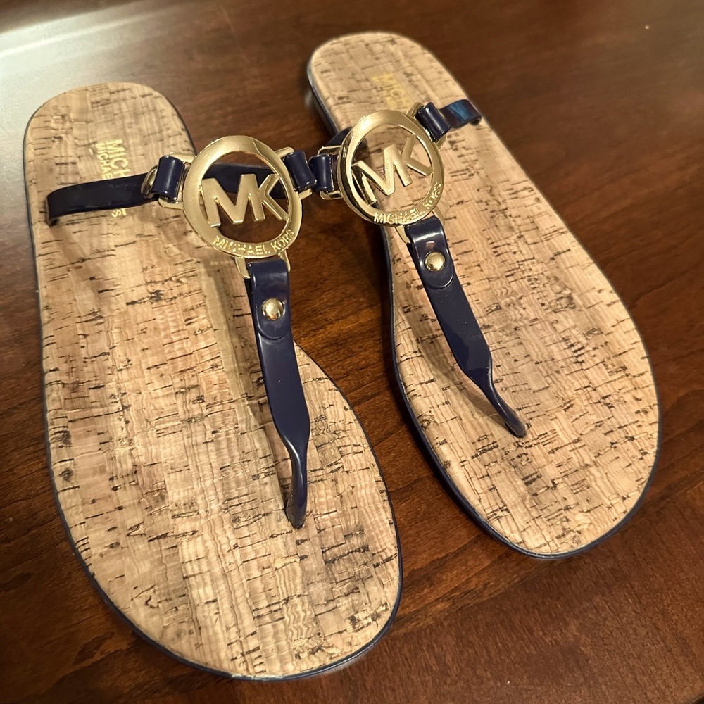 Womens Size 9 Michael Kors gold MK Charm Blue Jelly Thong Cork Sandals